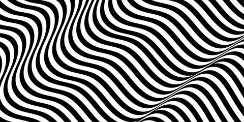 Black on white abstract perspective line stripes with wave style. optical illusion with 3d dimensional effect isolated on white.