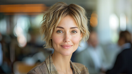 A portrait of an elegant woman in her late thirties with short blonde hair