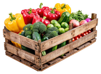 PNG  Vegetables in the wooden crates food box white background.