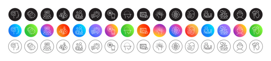 Romantic talk, Health skin and Empower line icons. Round icon gradient buttons. Pack of Like, Fingerprint, People chatting icon. Patient, Brain working, Auction pictogram. Vector