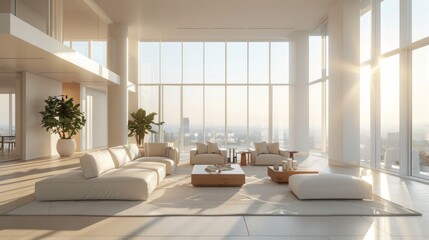 Fototapeta premium 3D realistic image of a living room with floor-to-ceiling windows, soft sunlight illuminating white, sleek furniture and minimalistic decor.