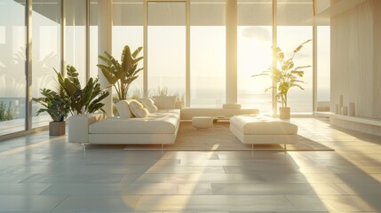 Fototapeta premium 3D realistic image of a living room with floor-to-ceiling windows, soft sunlight illuminating white, sleek furniture and minimalistic decor.