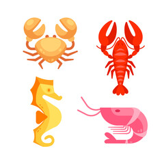 Seafood set. Sea creatures, including crab, shrimp and lobster.