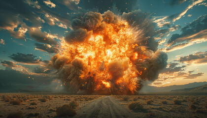 A fiery explosion is depicted in the image, with a large cloud of smoke by AI generated image - obrazy, fototapety, plakaty