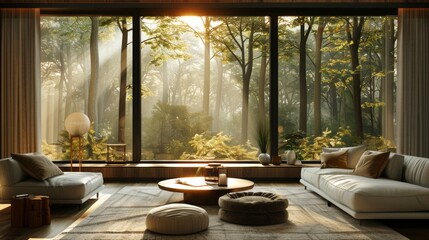3D realistic image of a Scandinavian living room with sleek furniture and a black-framed window showcasing a serene forest view.