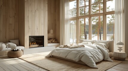 Fototapeta premium 3D realistic image of a serene Scandinavian bedroom with a sleek, modern fireplace and large windows that flood the room with clean, natural light.