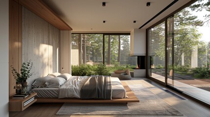 3D realistic image of a serene Scandinavian bedroom with a sleek, modern fireplace and large windows that flood the room with clean, natural light.