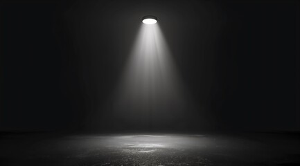 Empty black stage illuminated with spotlights from above banner