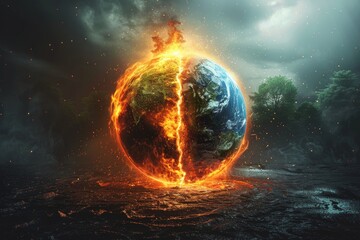 A fire is burning on the surface of the earth, and the fire is split in half - Powered by Adobe