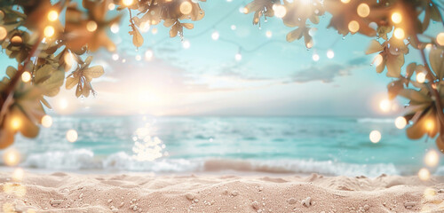 Blissful beach scene with soft sands and ethereal bokeh lights under a light blue sky.