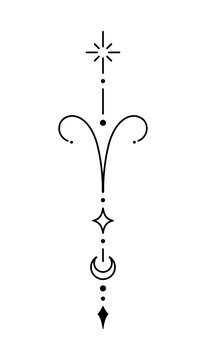 Aries zodiac sign and symbol blackwork tattoo. Sacred geometry horoscope tattoo design, mystic symbol of constellation. New school dotwork, line art minimalist style tattoo. Boho design.