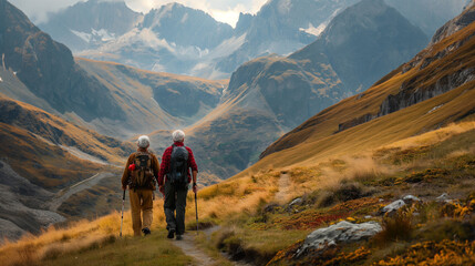 Obraz premium A dynamic shot of an elderly couple hiking together in the mountains, with rugged peaks and winding trails stretching out into the distance. Dynamic and dramatic composition, with