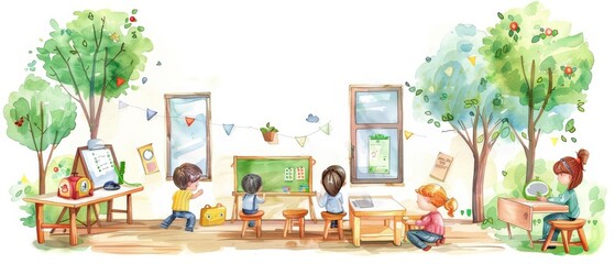 Creative watercolor of education depicting an interactive classroom in minimal styles, clipart kawaii watercolor on white background