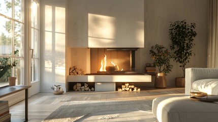 Detailed 3D illustration of a bright Scandinavian living room with a subtle, sleek fireplace and clean lines, illuminated by early morning light.