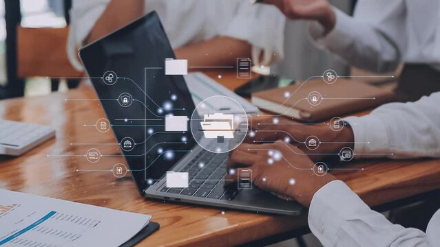 Document management concept. Virtual screen icons Document Management System DMS Online document database, software for efficient archiving, searching and management of company files and data.