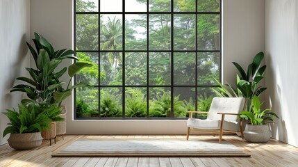 Detailed 3D illustration of a bright Scandinavian room with minimalist furnishings and a black window revealing a lush, green forest view.
