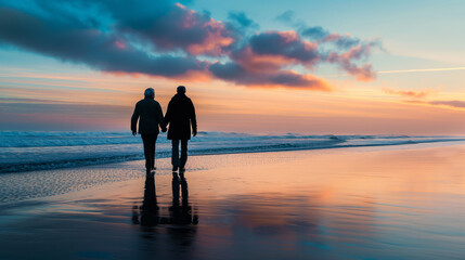Fototapeta premium A dramatic silhouette of an elderly couple walking hand in hand along a deserted beach at sunrise, with soft pastel colors painting the sky. Dynamic and dramatic composition, with