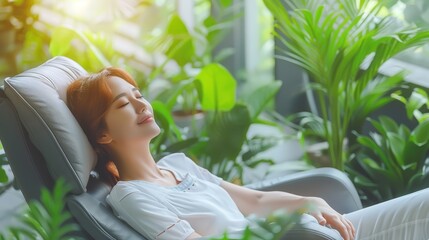   A woman reclines in a room filled with numerous green plants and potted foliage - Powered by Adobe