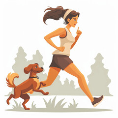 Illustration of running woman with funny puppy dog. Sport and healthy lifestyle concept