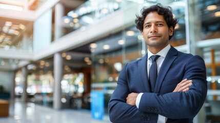 Fototapeta premium A man in a suit and tie stands with crossed arms before a building, featuring glass balconies