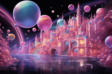 The fabulous pink palace is reflected in the water at night, colorful balls in the dark sky