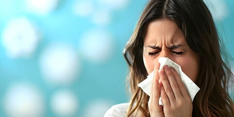 Woman with runny nose sneezes into tissue battling allergies or cold. Concept Health, Allergies, Cold, Runny Nose, Sneezing