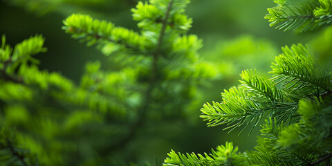 Fototapeta premium Detailed close-up view tree branch bright green leaves. Natural botany background copy space