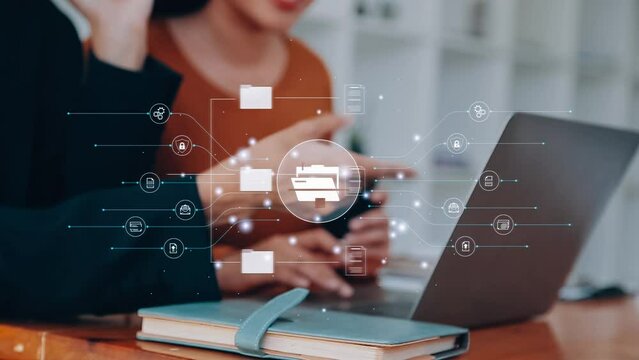 Document management concept. Virtual screen icons Document Management System DMS Online document database, software for efficient archiving, searching and management of company files and data.