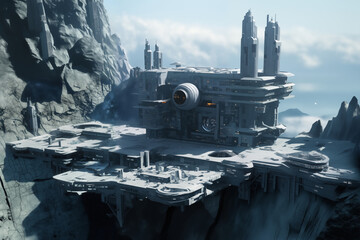 A military or research station in the mountains, futuristic