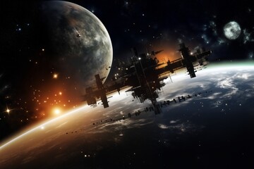 space station on the background of the planet and space, futuristic cities and technologies, exploration and exploration of galaxies