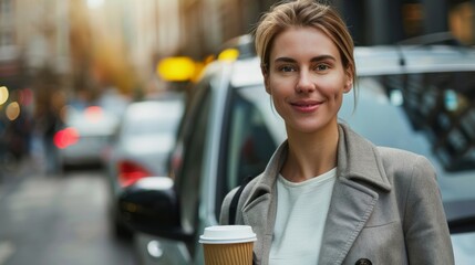 Student woman in front of taxi car with take away coffee city street