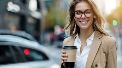 Student woman in front of taxi car with take away coffee city street