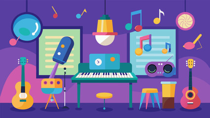A multisensory music room that offers a variety of digital and traditional instruments encouraging children to mix and layer different sounds to. Vector illustration