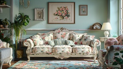 Detailed 3D illustration of a living room with a shabby chic decor, featuring distressed furniture, floral patterns, and soft pastel colors.