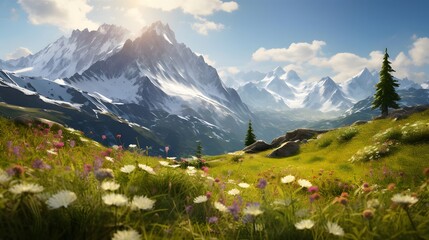 Panoramic view of alpine meadow with flowers and snowy mountains