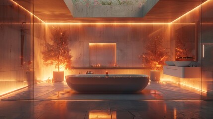 Detailed 3D illustration of a luxury bathroom with indirect lighting behind the mirror and along the edges of the ceiling, creating a floating effect.