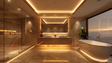 Detailed 3D illustration of a luxury bathroom with indirect lighting behind the mirror and along the edges of the ceiling, creating a floating effect. - obrazy, fototapety, plakaty