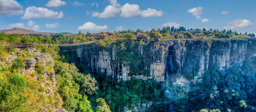 Landscape mountains in Graskop Gorge, Mpumalanga province located east of South Africa, recreation area with a gorge, plus zip lining & a suspension bridge.