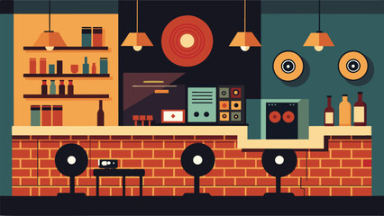 Surrounded by exposed brick walls the rustic record wall in this trendy bar boasts a vast collection of indie and underground records for guests to Vector illustration