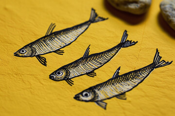 Banner of three sardine fish on yellow background