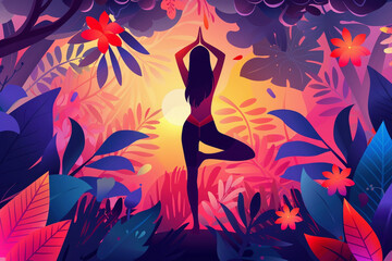 Illustration of a female silhouette doing yoga against the background of the sun and tree leaves