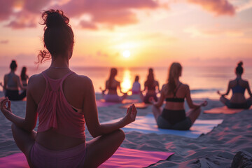 Women doing yoga and meditation on the beach at sunset