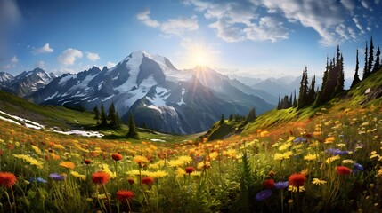 Beautiful panoramic landscape of the high alpine meadow