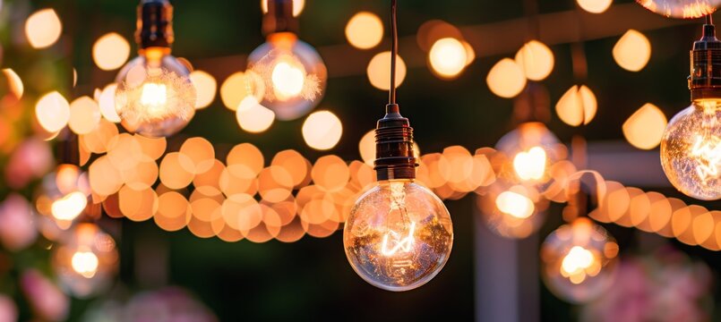 Elegantly decorated outdoor dining table under pergola with fairy lights for summer garden party - Powered by Adobe