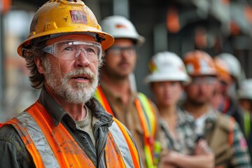 A mature construction worker in focus, wearing a hard hat and reflective vest with team in background