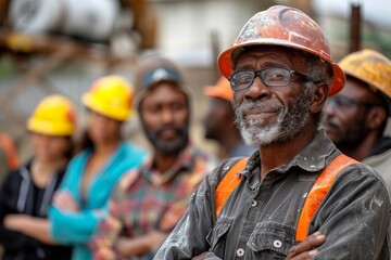 An elderly African American construction worker smiling with confidence, arms crossed, with colleagues behind him