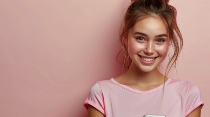 Girl in Pink Shirt Holding Cell Phone - Powered by Adobe