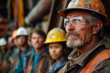 A serious-looking construction worker in focus with a hard hat and safety glasses, team in the background