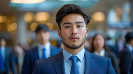 Fototapeta premium A man in a suit and tie addresses a group of similarly dressed men, all gazing at the camera