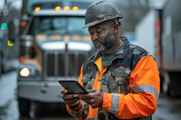 An African American construction worker in orange attire uses a digital tablet in front of a semi truck